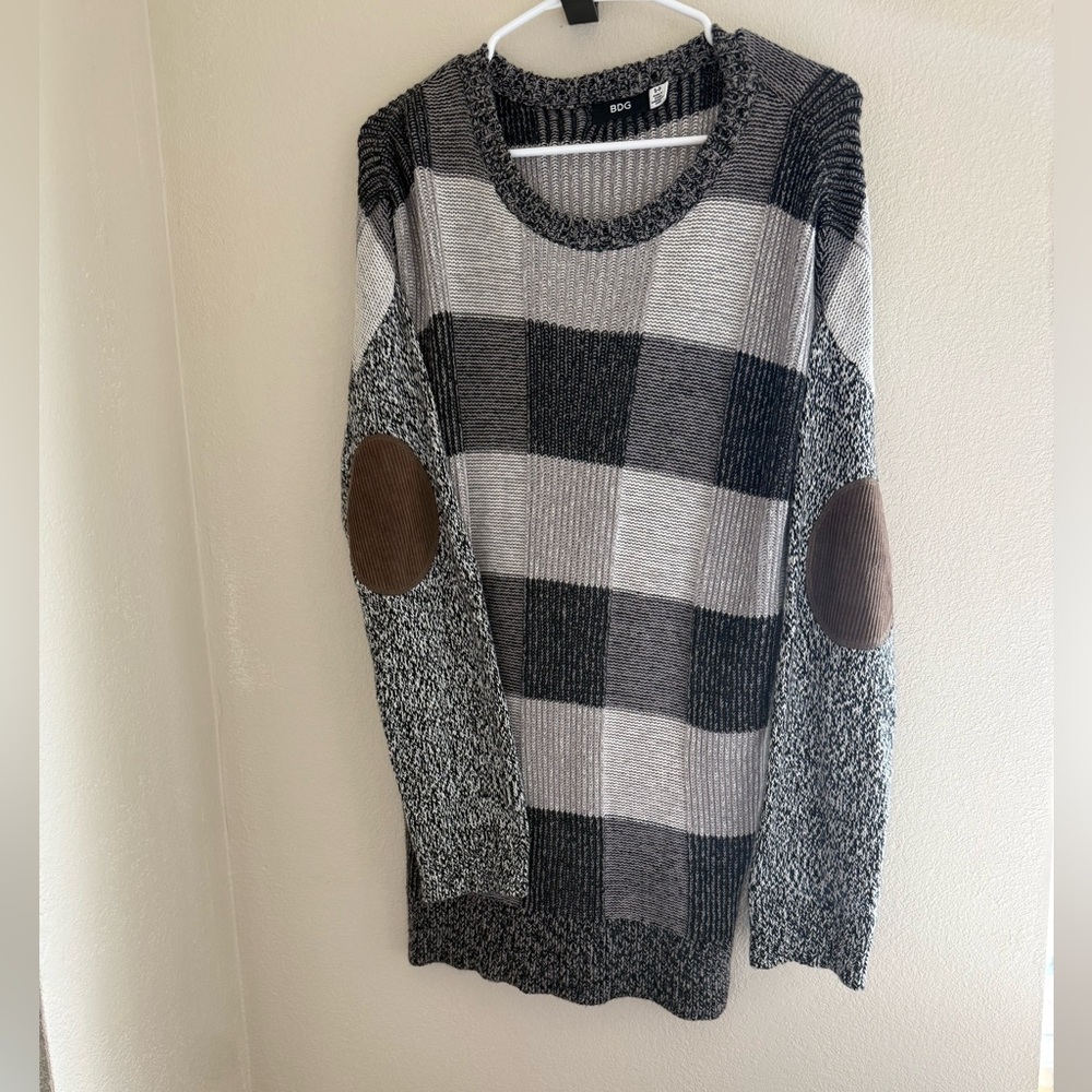 BDG Black and Gray Plaid Sweater with Brown Elbow Patches